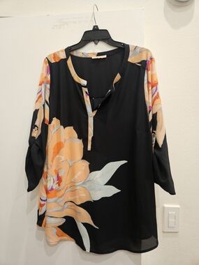 Gibson Black Blouse with Peach & Cream Floral Print